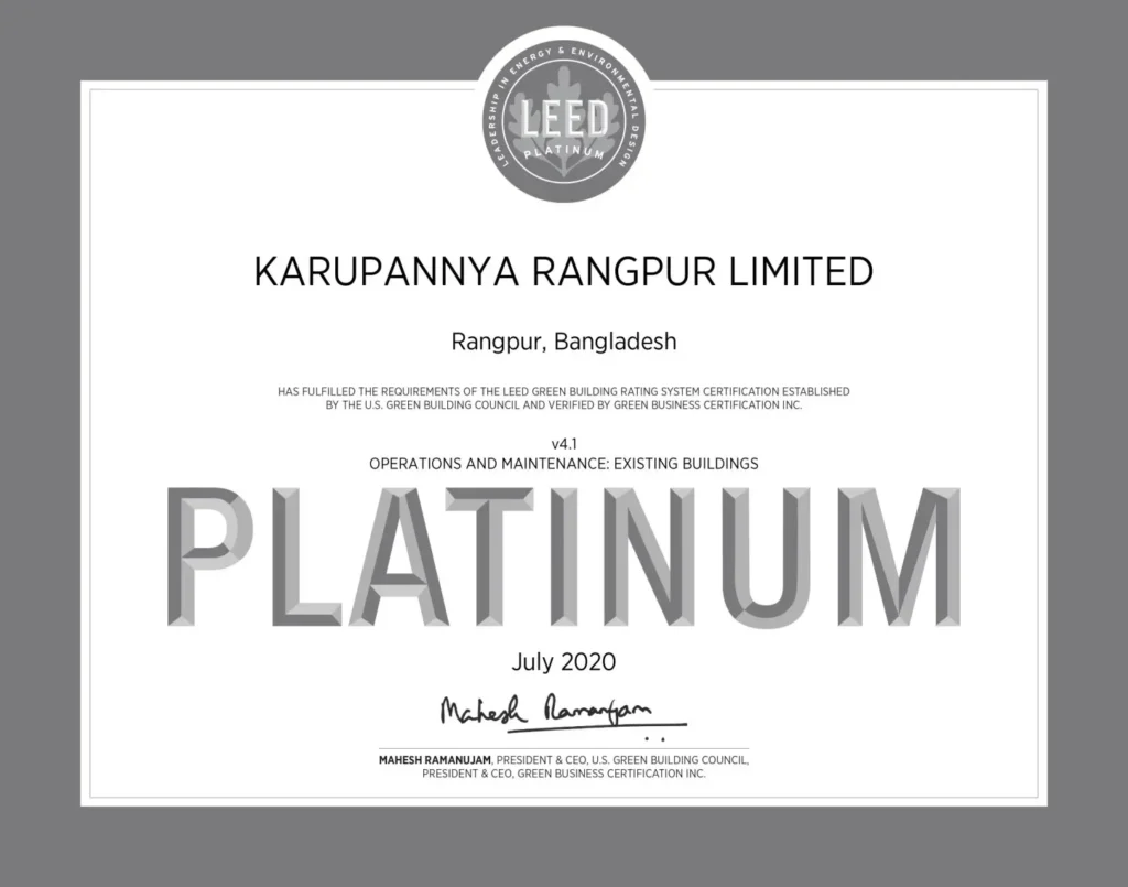 leed platinum certificate of Karupannaya